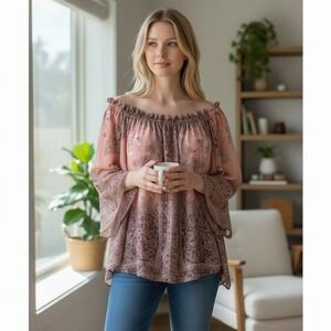 Soho New York Company Jeans‎ Blouse XL Off The Shoulder Kimono Sleeves Boho